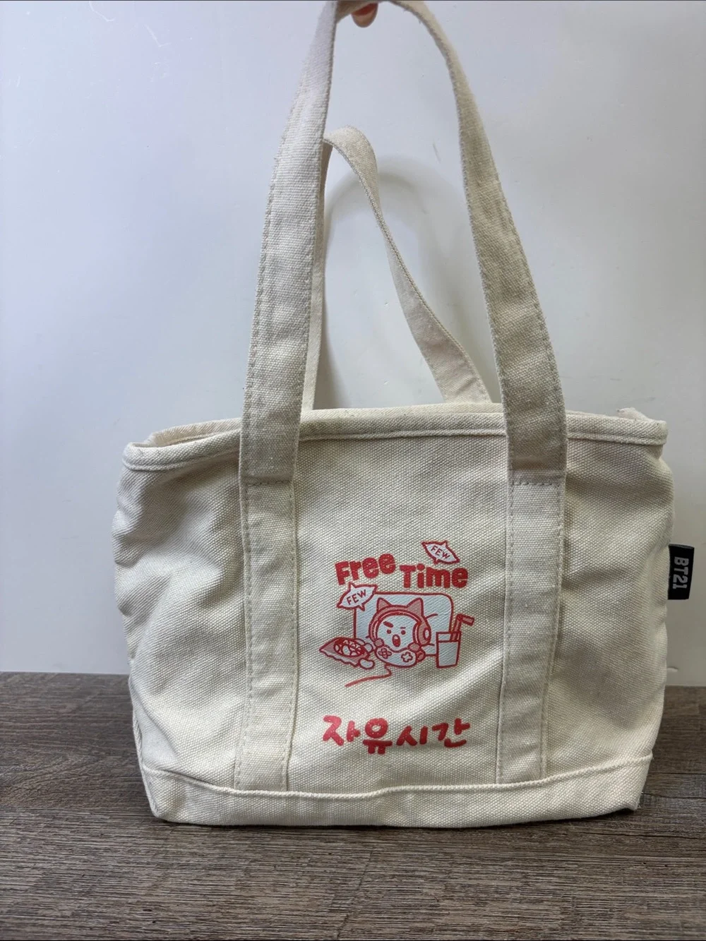 BT21 Free Time Korean Graphic Canvas Zip Tote Bag Cream Red Kawaii